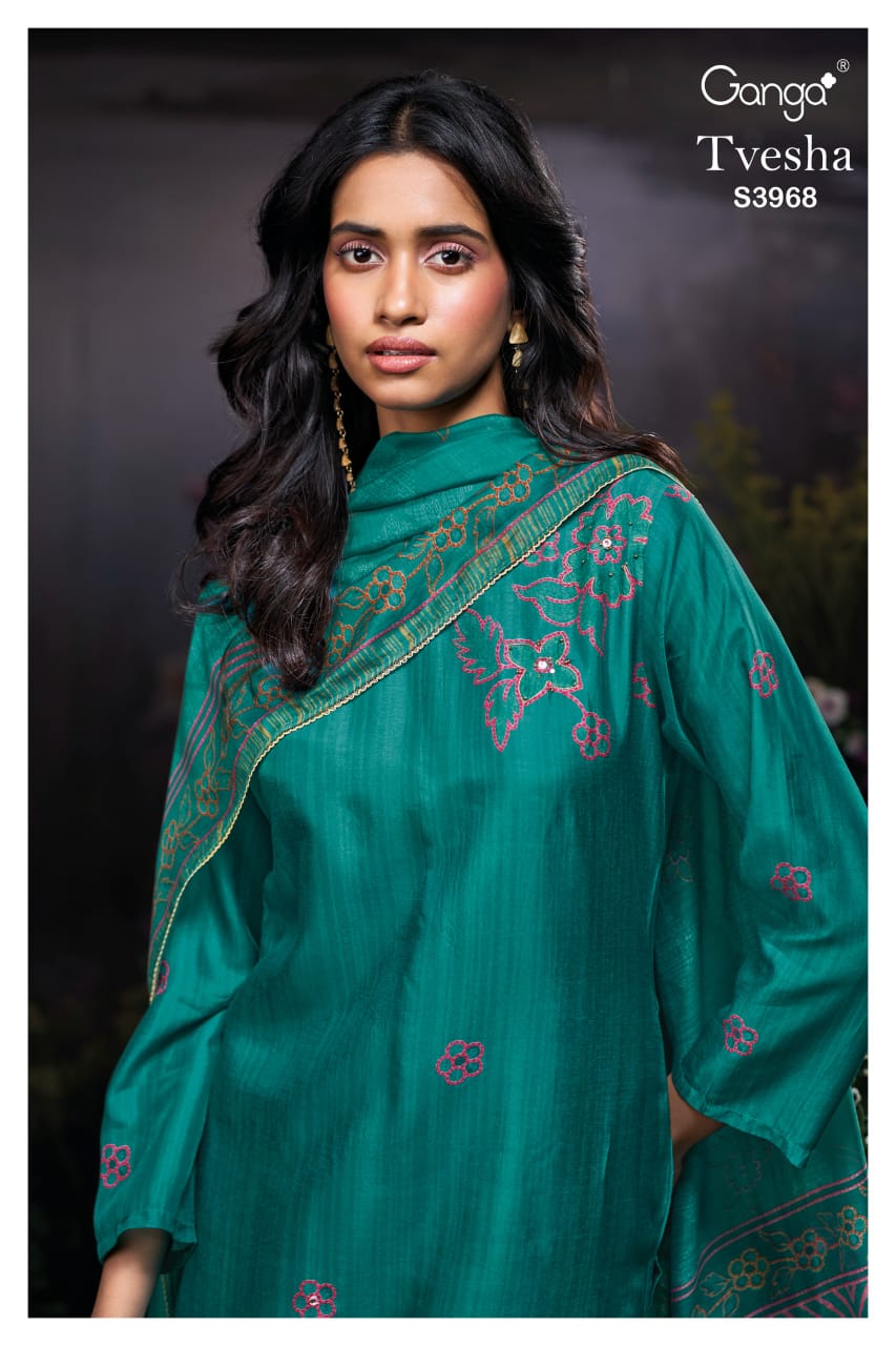 GANGA TVESHA S3968 | Premium Pure Bemberg Russian Silk Suit – Ganga Suits Ashok Lal & Sons