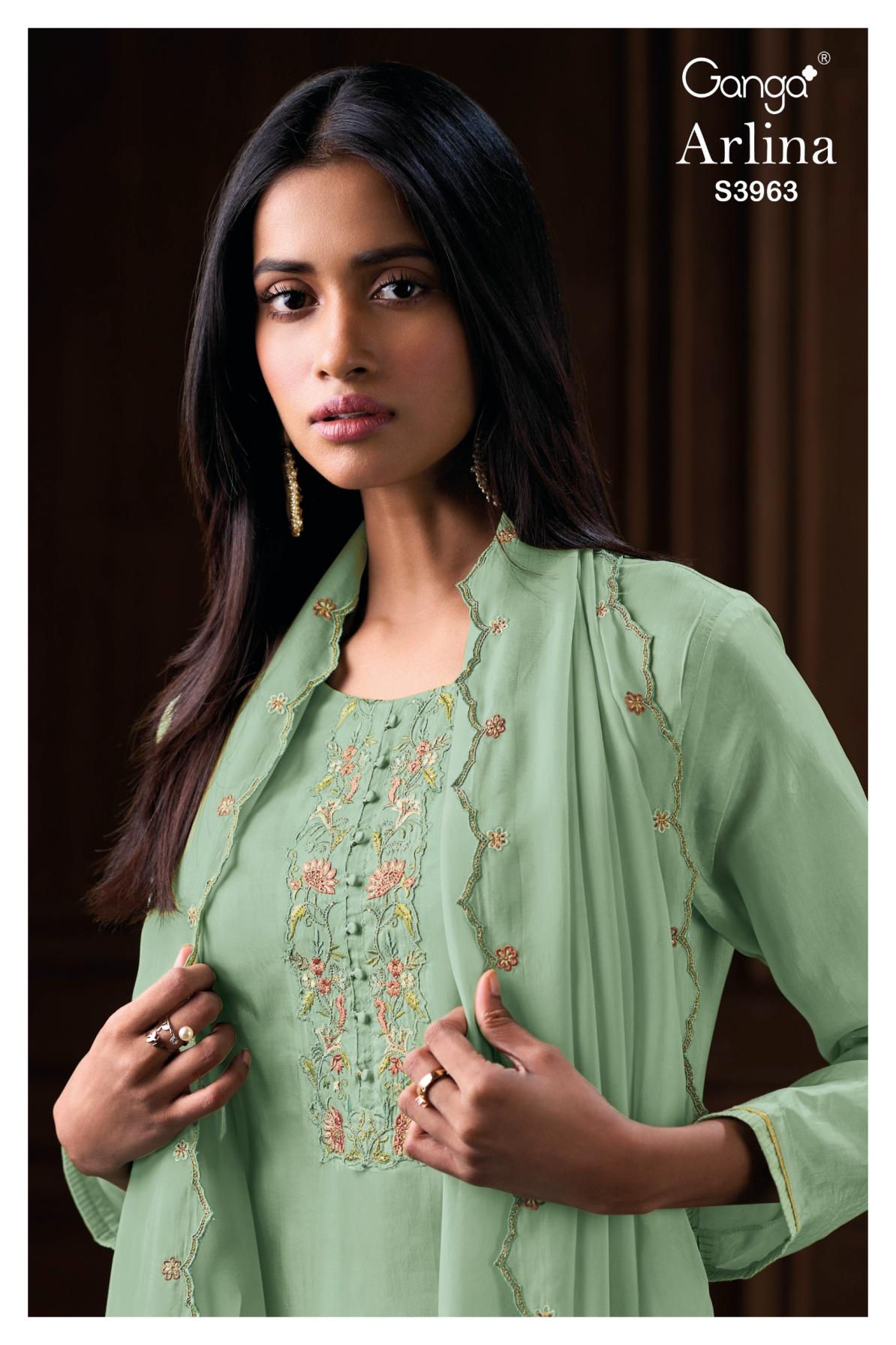 BUY GANGA UNSTITCHED SUITS ONLINE GANGA ARLINA S3963 FABRIC DETAIL