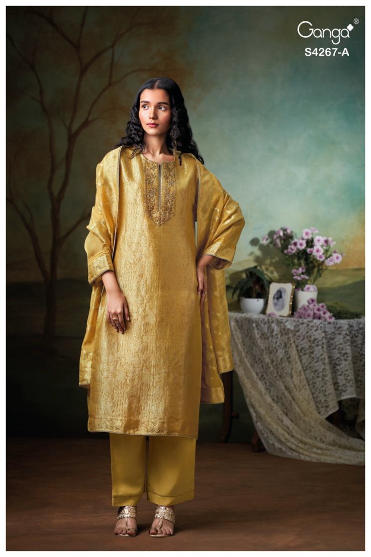 BUY GANGA SUITS ONLINE SALE GANGA IVRYA S4267 FABRIC DETAIL