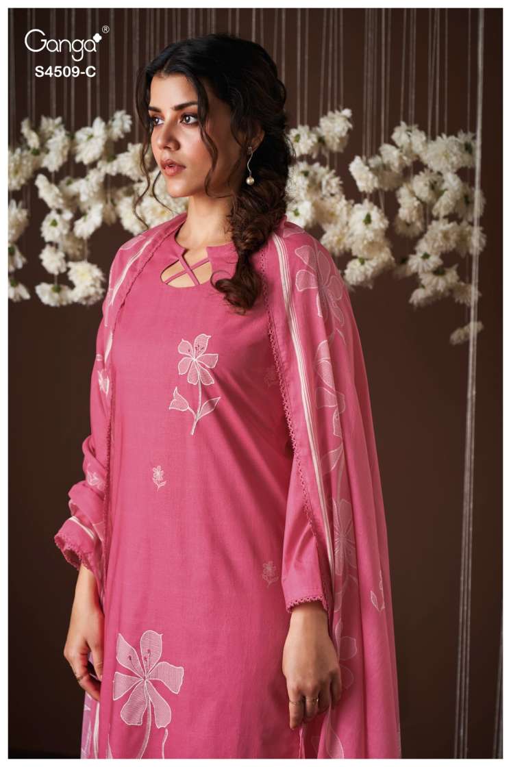 BUY GANGA SUITS ONLINE SALE GANGA PIRESSA S4509 FABRIC DETAIL