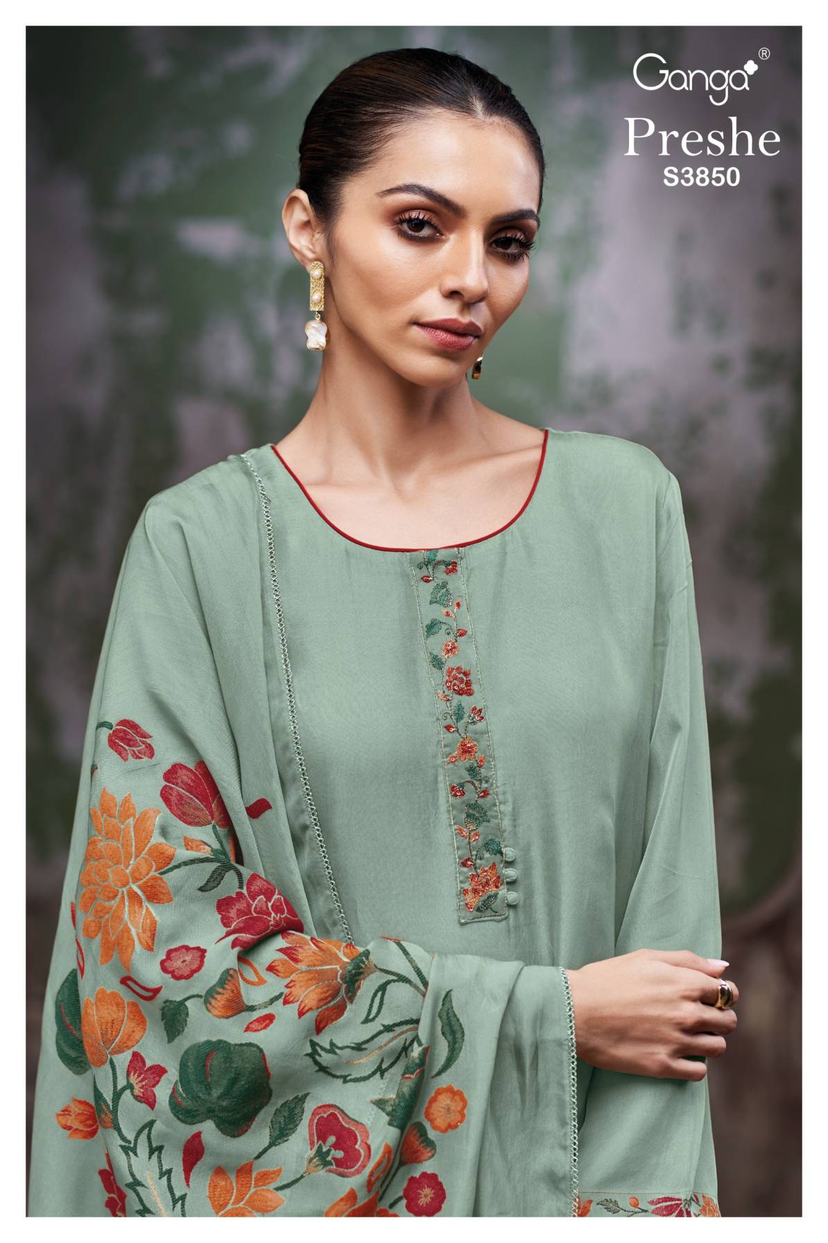 BUY GANGA UNSTITCHED SUITS ONLINE GANGA PRESHE S3850 DUPATTA DESIGN